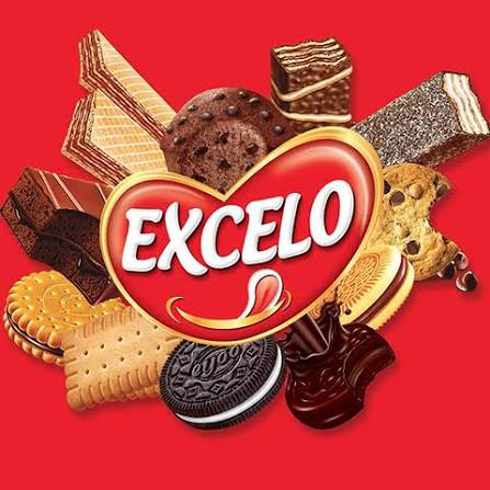 Excelo brand logo surrounded by wafers, biscuits and chocolate cookies