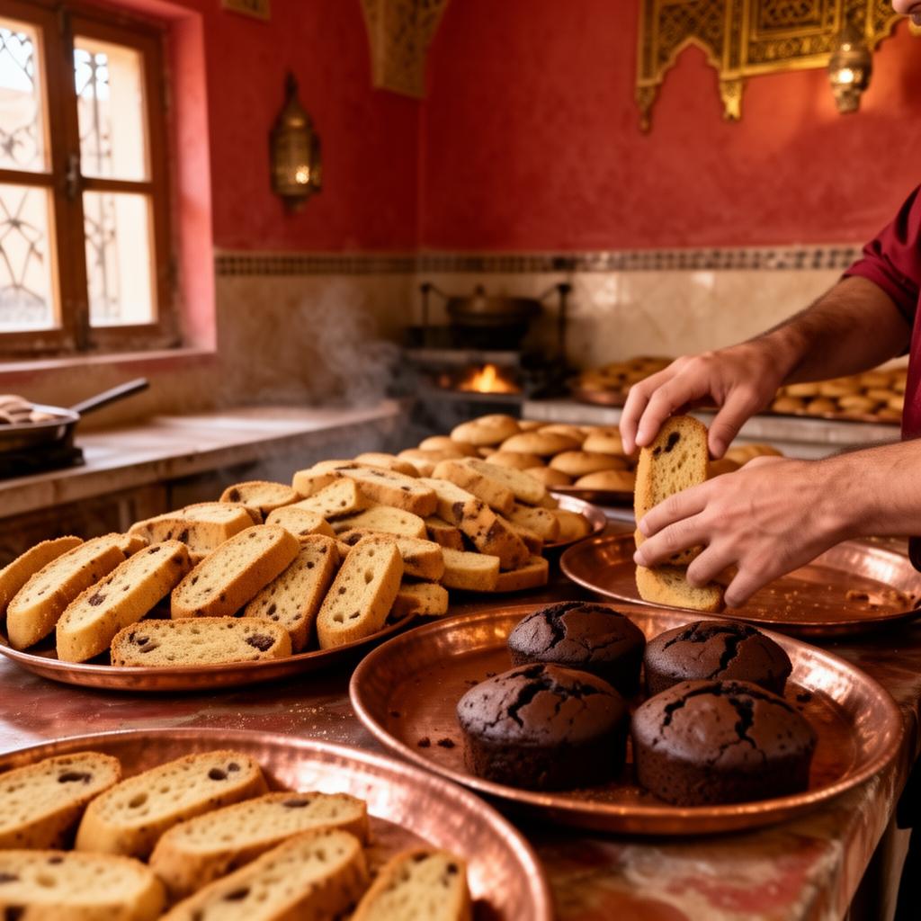 Moroccan baker arranging fresh biscotti and chocolate cakes